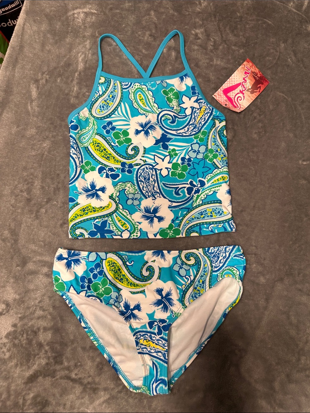 NWTS KANU SURF Blue Floral Paisley Girls' Tankini Swim Set SZ 14